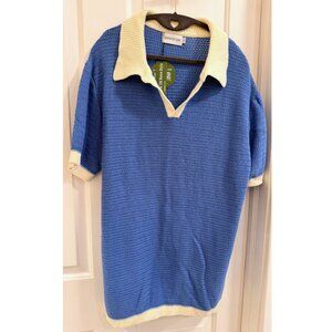 OXKNITSTORE Retro Knit Polo Shirt Blue Cream Cotton Size 2XL